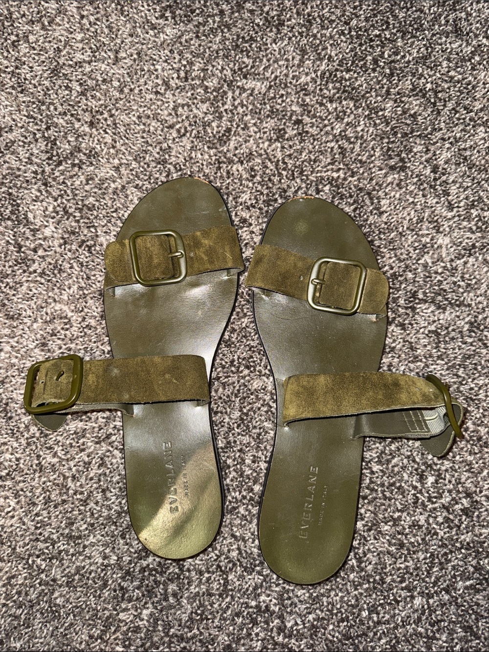 Everlane Olive Suede Double-Buckle Slide Sandals